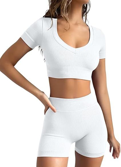 GXIN Women Workout 2 Piece Outfits Seamless Ribbed Short Sleeve Crop Tops High Waist Running Shor... | Amazon (US)