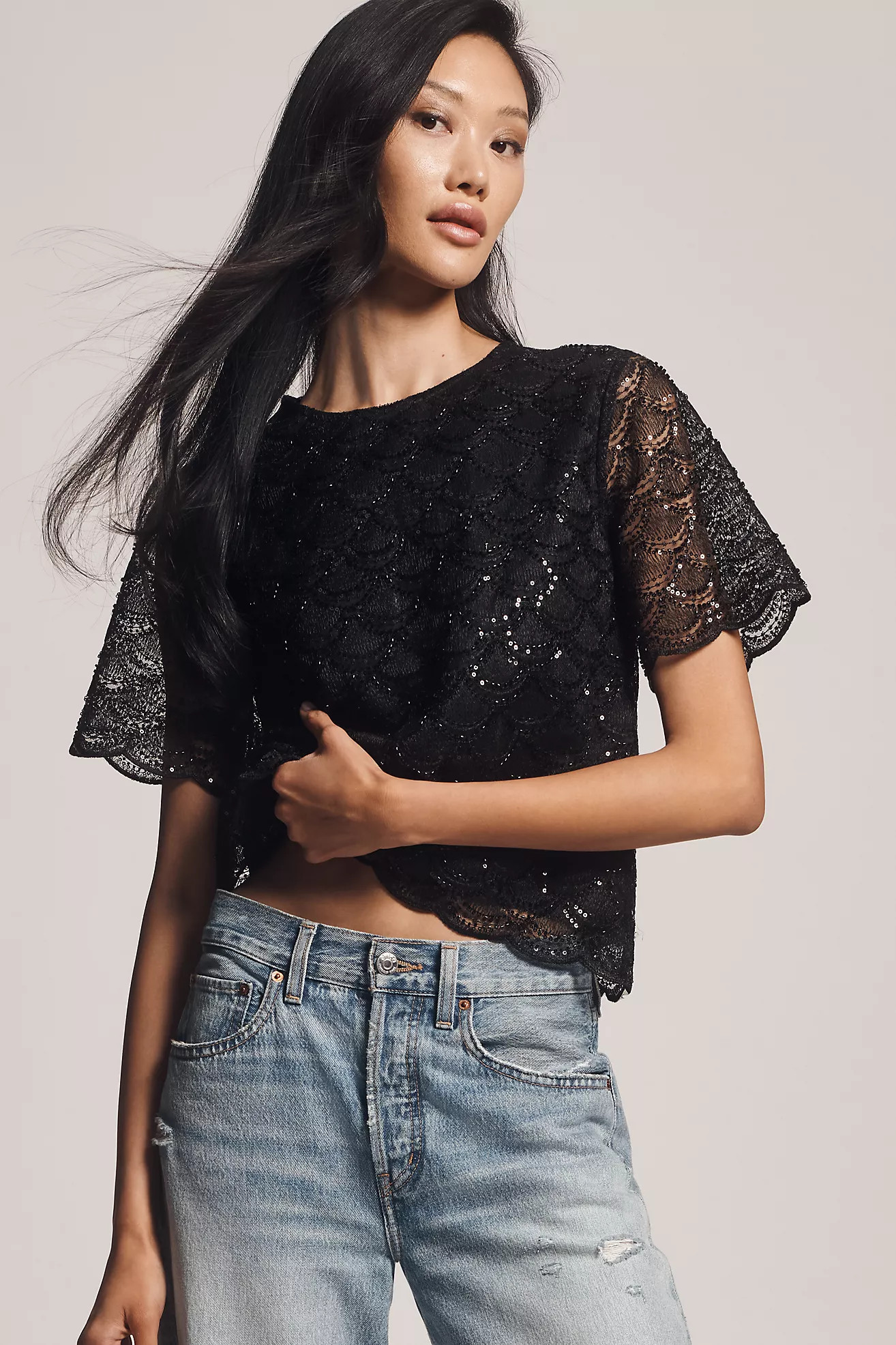 Blue Tassel Short-Sleeve Sequin Lace Top | Anthropologie (US)