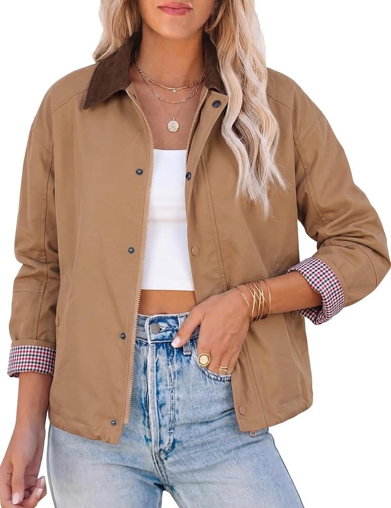 Watashi Women Barn Jacket Contrast Collar Plaid Cuff Zip Up Coat | Amazon (US)