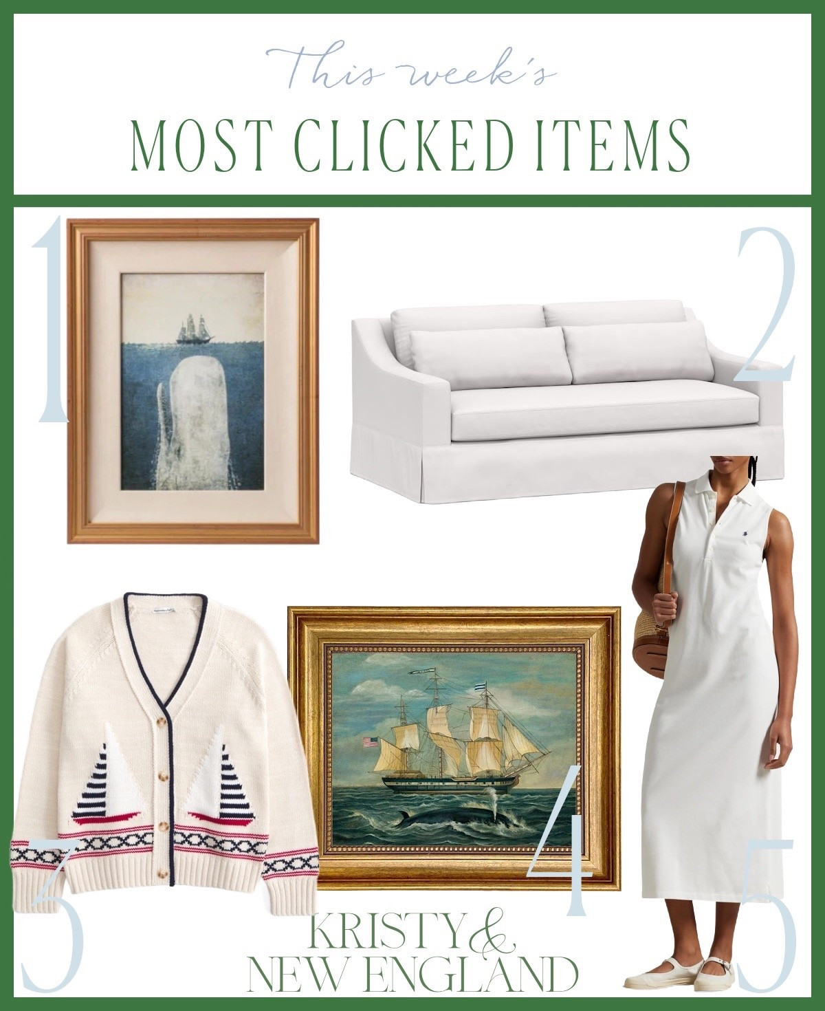 Most popular this week: whale & ship art, our white slip covered sofa, nautical cardigan, & RL polo maxi dress