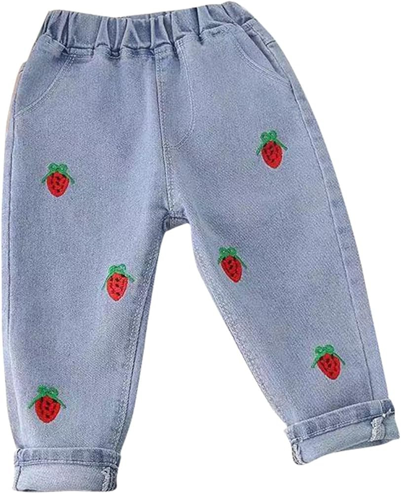 Little Girls Cute Heat Embroidered Jeans Toddler Baby Elastic Waist Denim Pants Kid Loose Fit Cas... | Amazon (US)