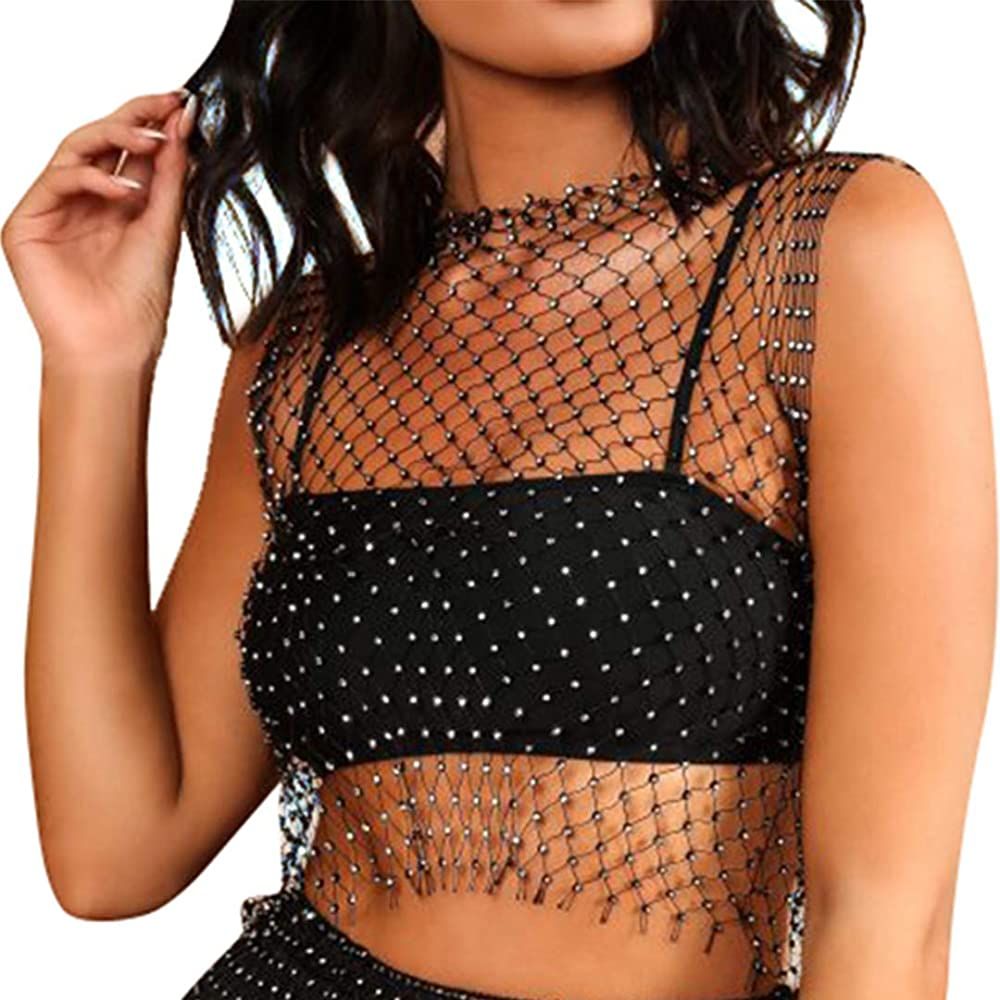 FlyCC Women Sexy Mesh Tank Tops Rhinestone Glitter See Through Hollow Out Crop Tops for Rave,Part... | Amazon (US)