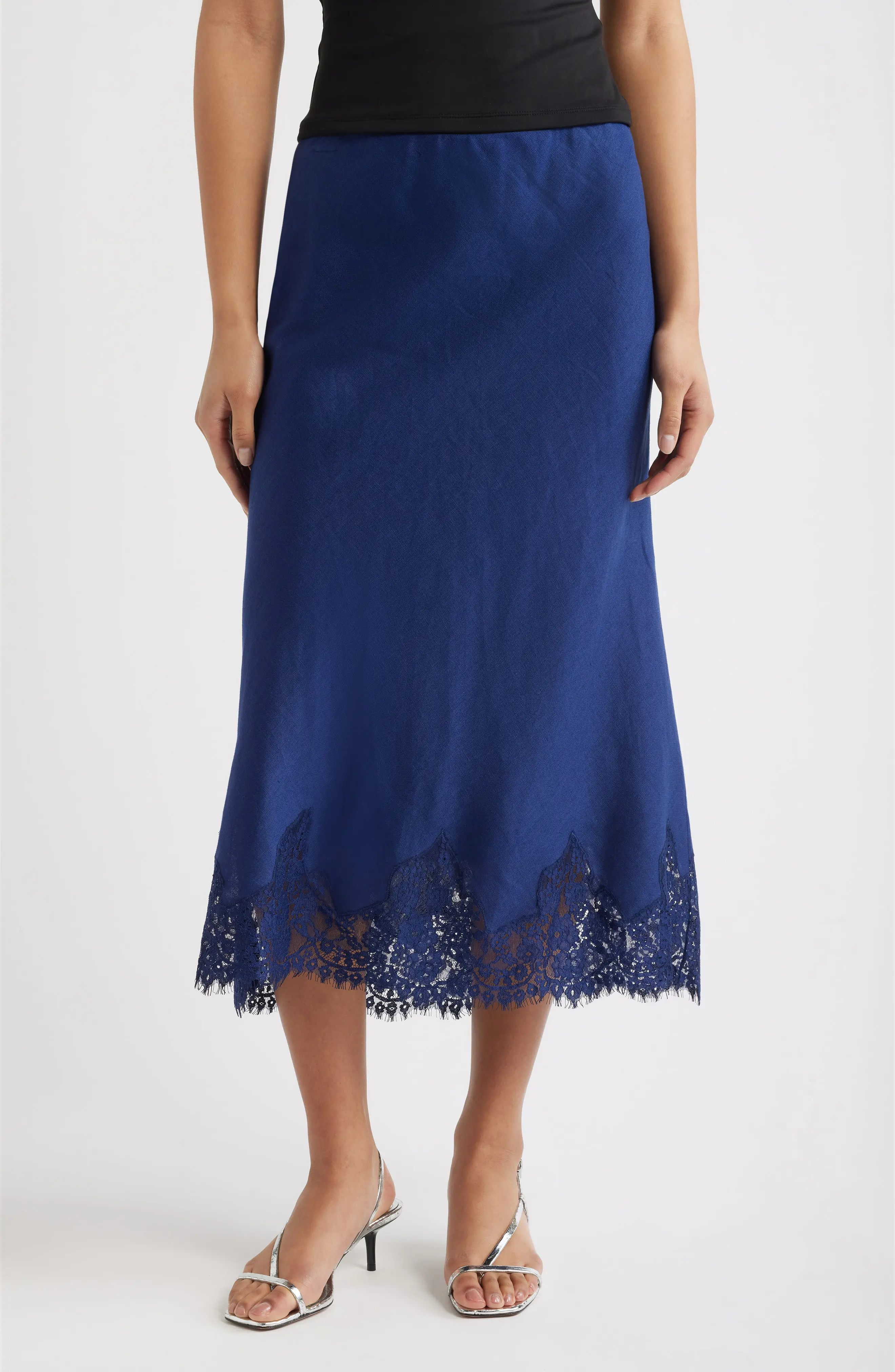 Reformation Carolina Lace Trim Linen Midi Skirt in Danube at Nordstrom, Size Large | Nordstrom