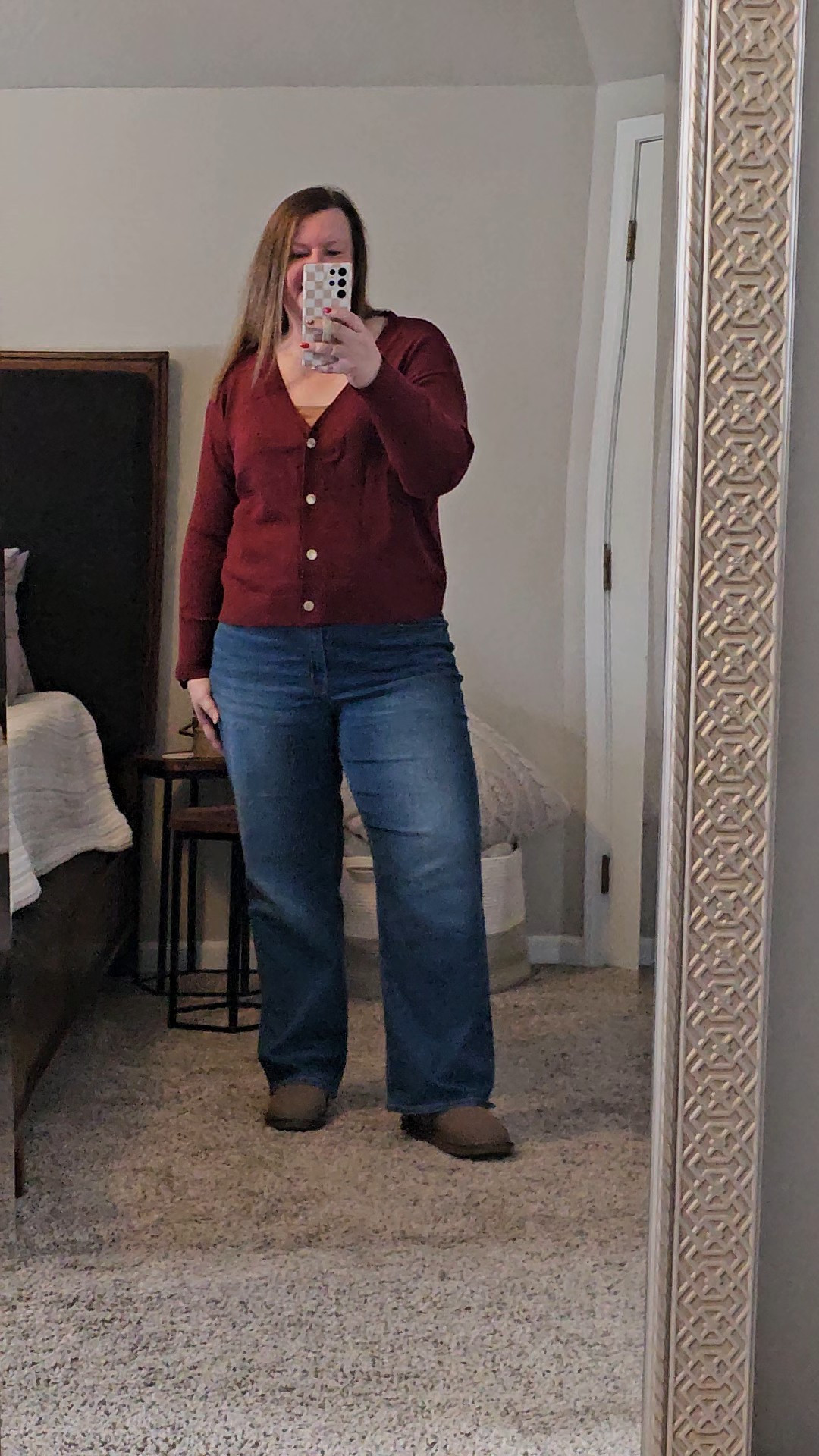 This burgundy cardigan sweater is a size 1x.  Denim size 18.  

#LTKootd #LTKOver40 #LTKFindsUnder50