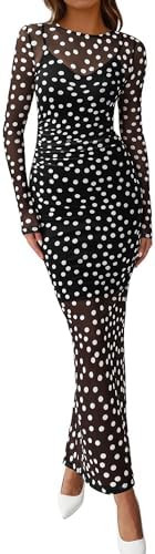 BTFBM Spring Dresses for Women 2026 2 Piece Set Long Sleeve Polka Dot Sexy Bodycon Mesh Dress and... | Amazon (US)
