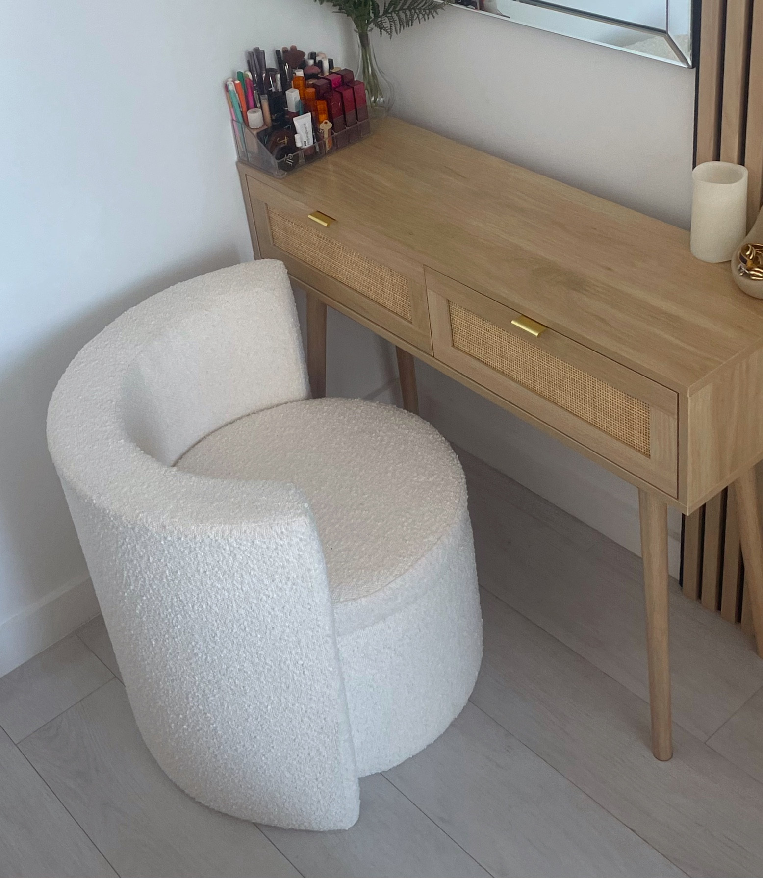 The most perfect boucle chair, sits right in front of my beauty and writing desk. The comfortable and soft chair has plenty of storage, to the point that I can fit all of my Hair tools and products inside comfortably. Such a steal! 😍

#LTKhome #LTKsalealert #LTKSeasonal