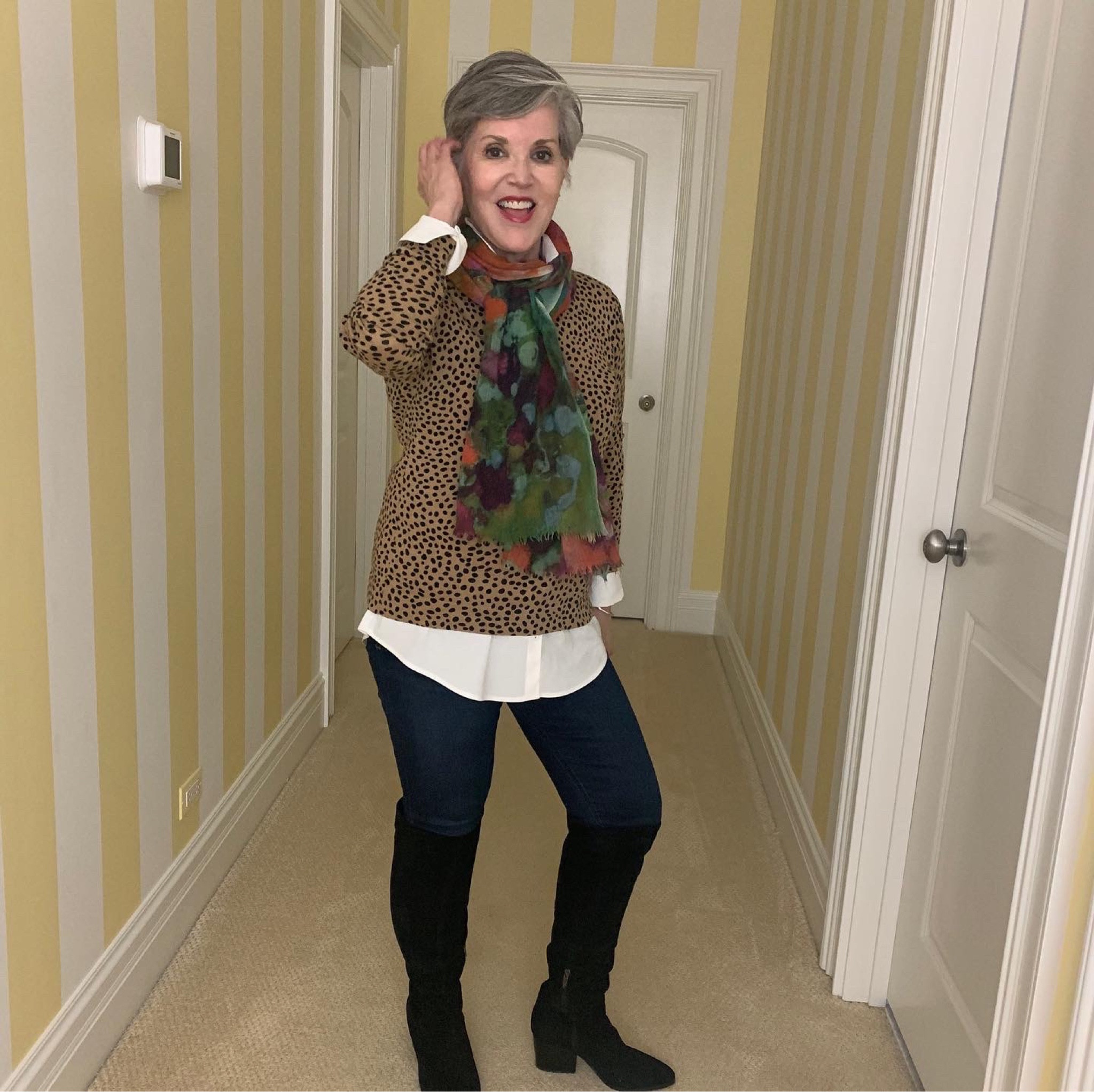 Talbots Perfect shirt (sale alert 🚨) (6)/leopard top (s)/Etsy scarf/ skinny jeans/black booties (8)

#LTKSeasonal #LTKsalealert #LTKstyletip