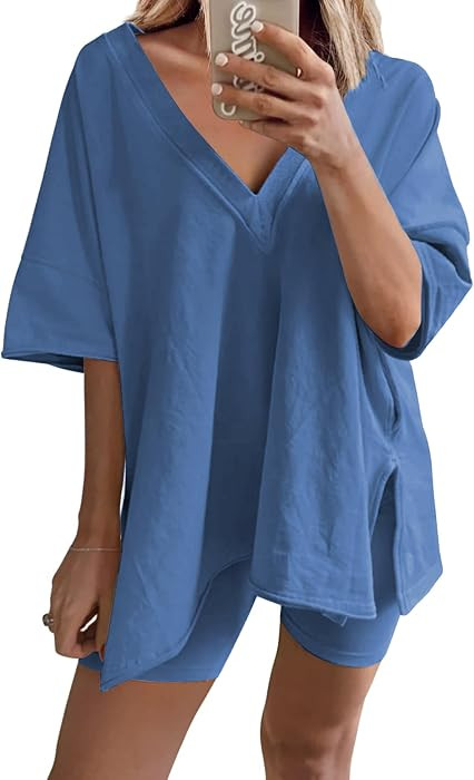 2 Piece Short Sets for Women Summer V Neck T Shirts Biker Shorts Set | Amazon (US)