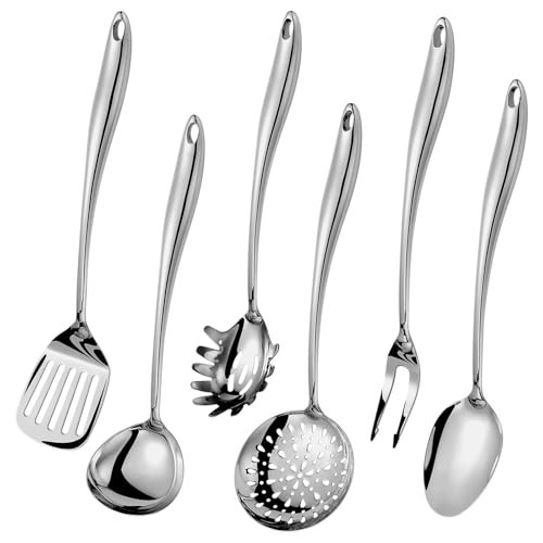 304 Stainless Steel Kitchen Utensils Set, 6 Pcs Long Metal Cooking Utensil with Spatula, Solid Spoon, Ladle, Skimmer, Spaghetti Spoon, Meat Fork, Dishwasher Safe | Amazon (US)