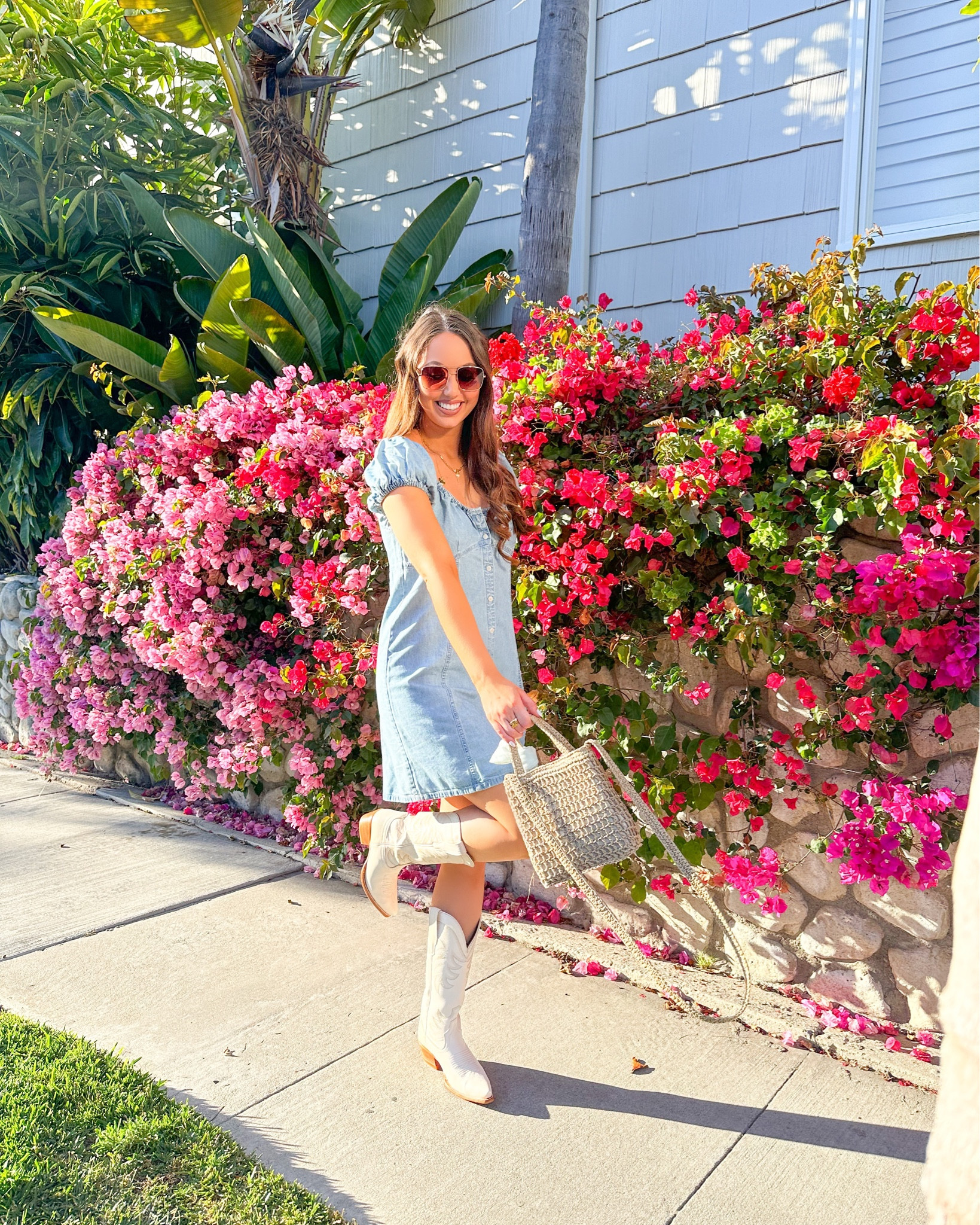 cute summer dresses with cowboy boots dress & cowboy boot combo . . . . . summer outfit, white babydoll dress,  white cowboy boots, outfit inspo, todays outfit