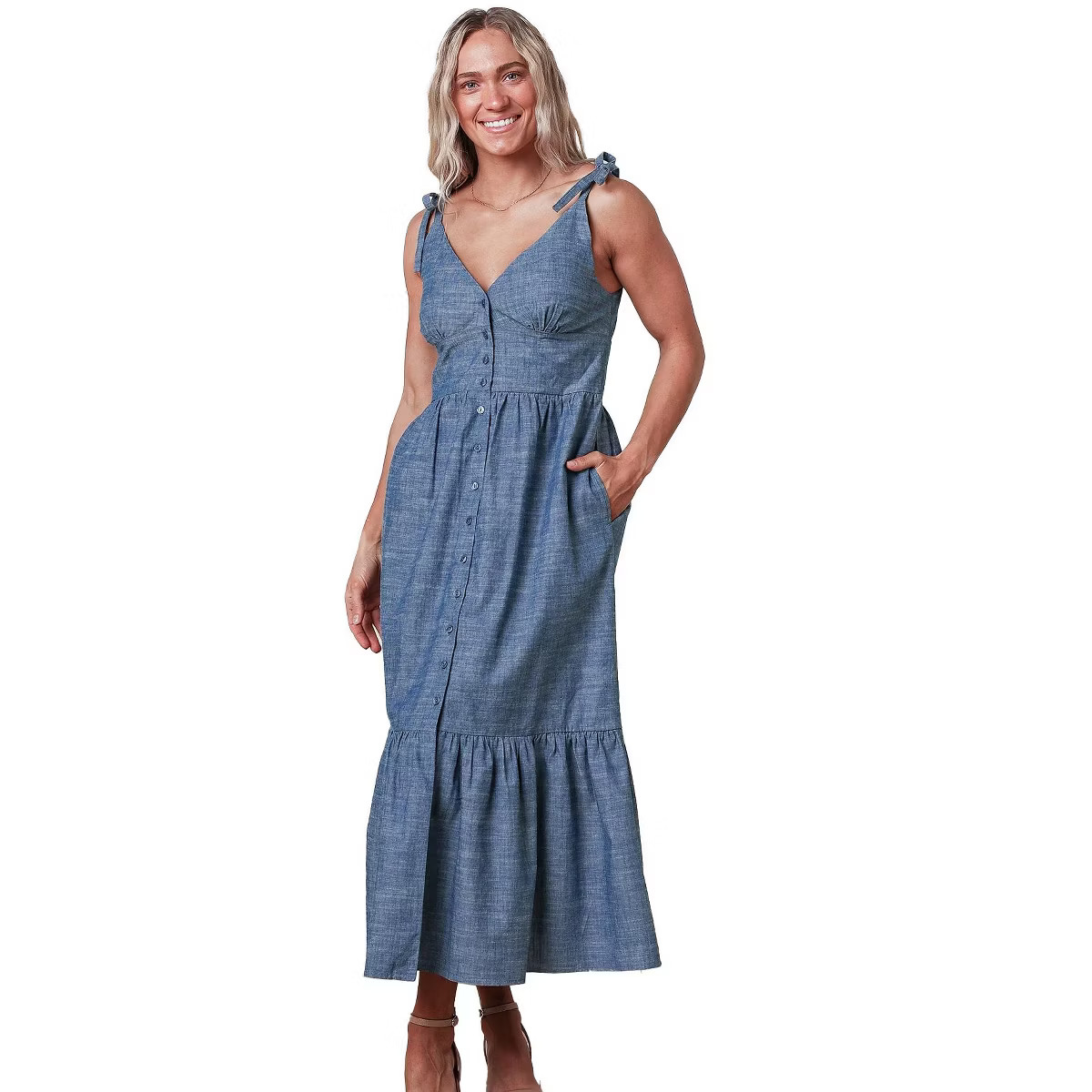 Hope & Henry Women's Bow Shoulder Button Front Chambray Maxi Dress | Target