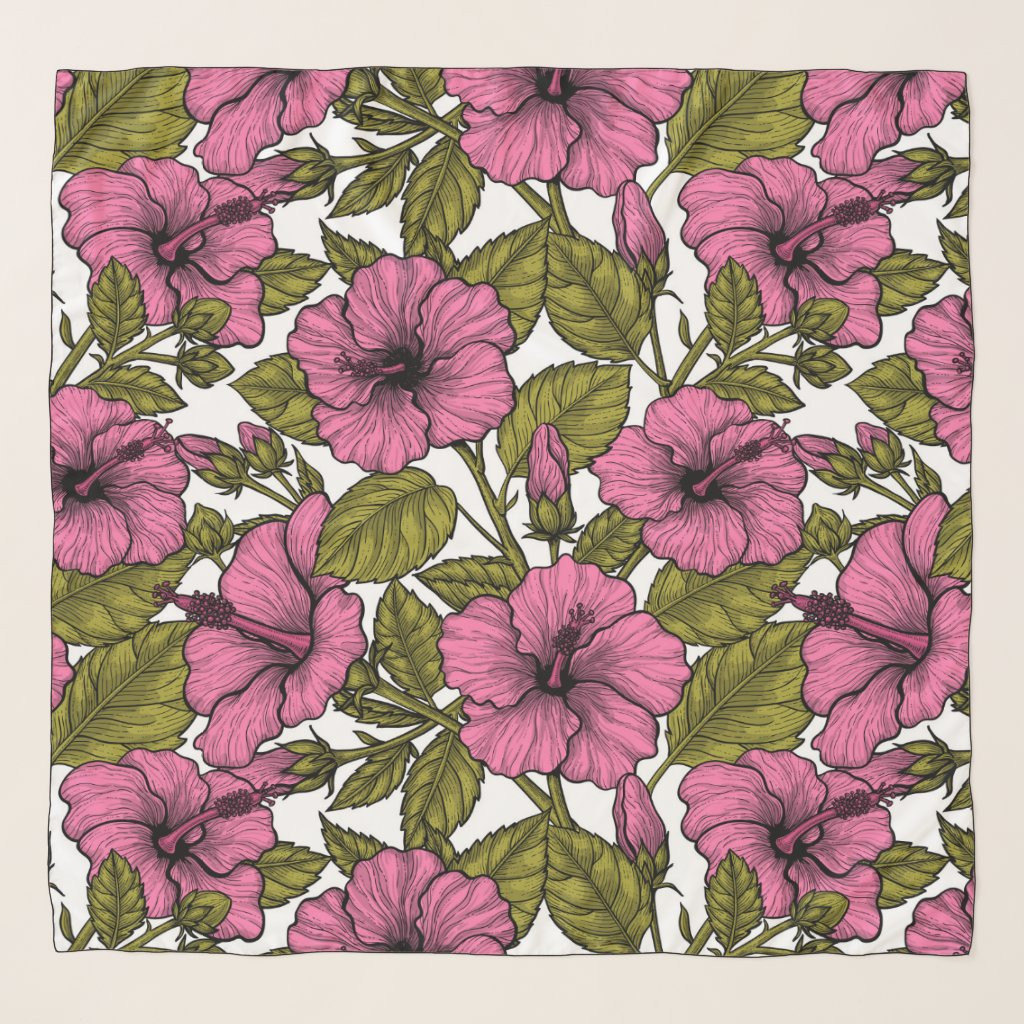 Pink hibiscus flowers Scarf, Adult Unisex, Size: Large Square, Pale Violet Red / Floral White / Mist | Zazzle