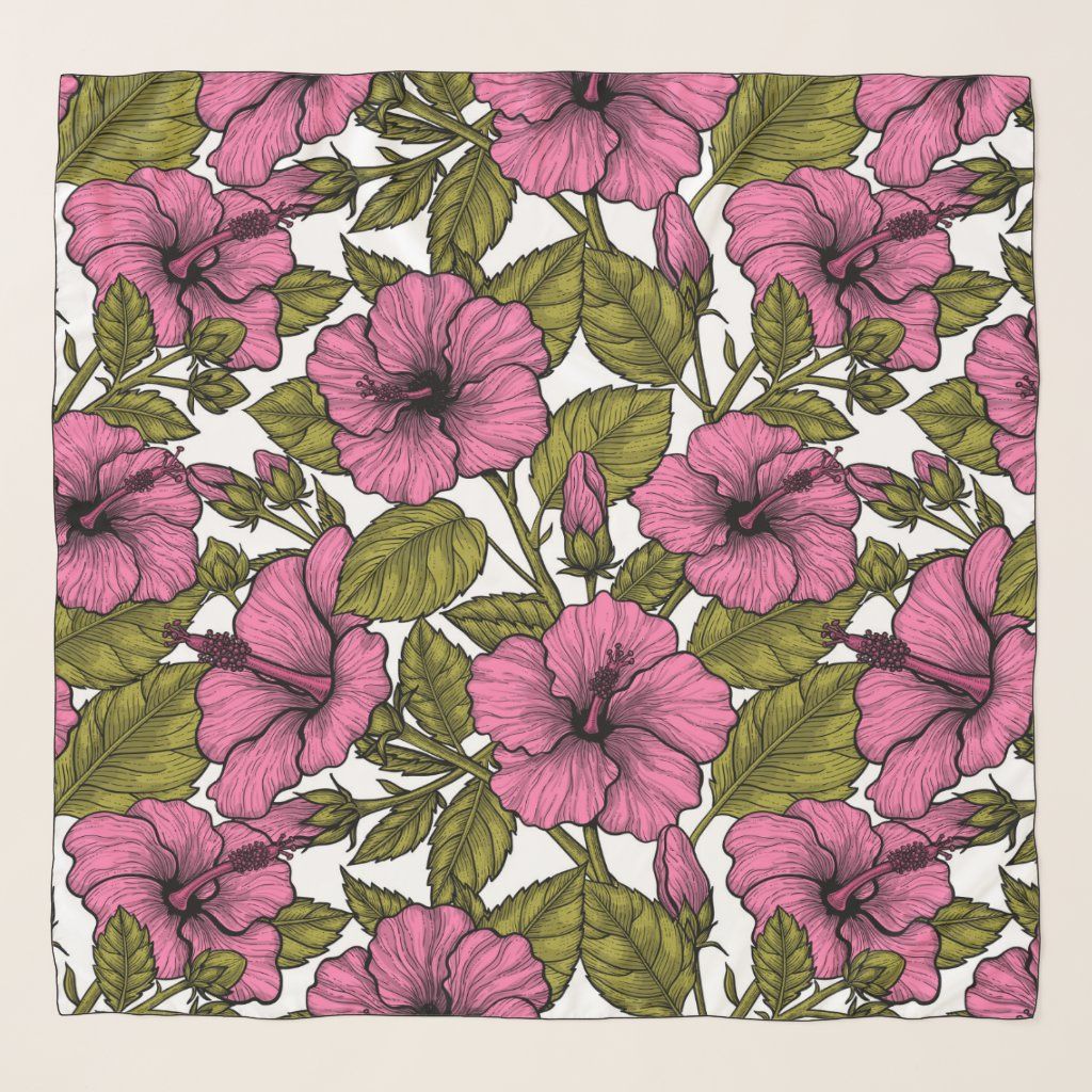 Pink hibiscus flowers Scarf, Adult Unisex, Size: Large Square, Pale Violet Red / Floral White / Mist | Zazzle
