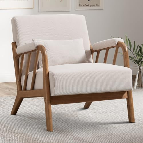 INZOY Mid Century Modern Accent Chair with Wood Frame, Upholstered Reading Armchair with Soft Corduroy Fabric, Accent Chair for Living Room Bedroom Apartment, Easy Assembly, Beige | Amazon (US)