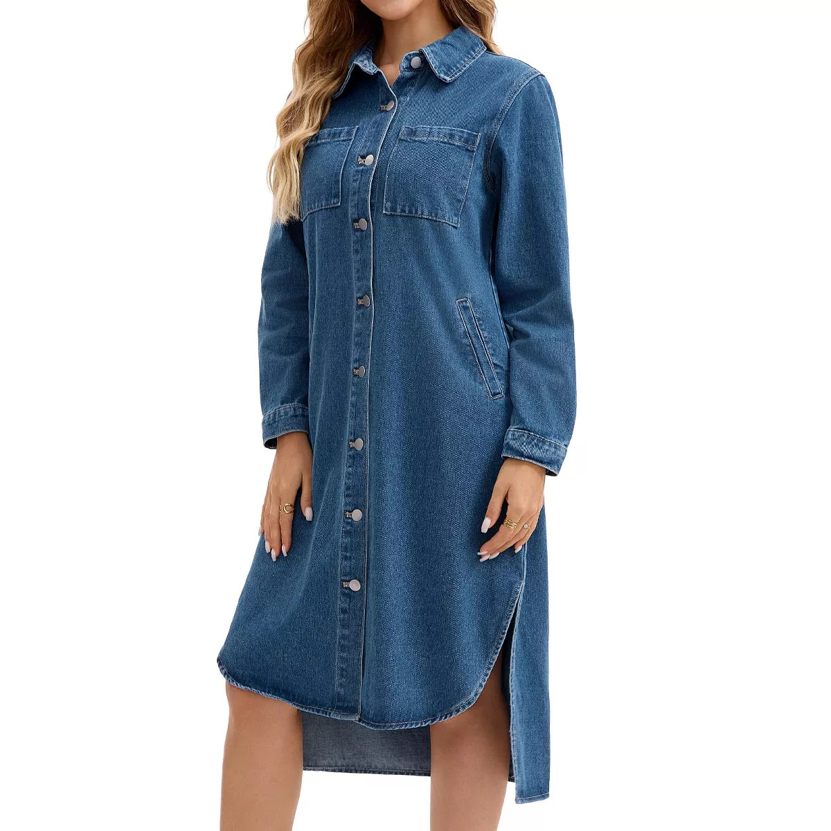 INSPIRE CHIC Women's Denim Button Down Curved Hem Fall Long Sleeve Midi Jean Shirt Dress | Target