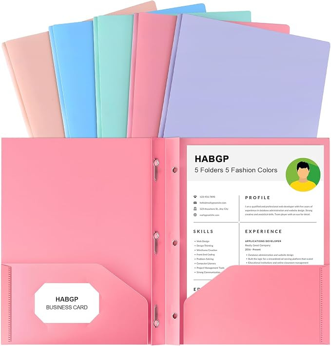 HABGP Two Pocket Folder With Prongs (5 Pack, Pastel Colors), Plastic Folders With Pockets and Bus... | Amazon (US)