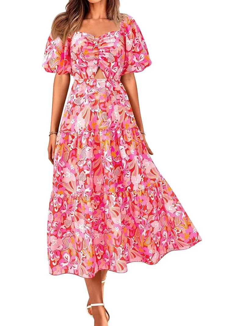 BTFBM Summer Dresses for Women Spring Outfits Beach Vacation Short Sleeve Smocked Boho Casual Flo... | Walmart (US)