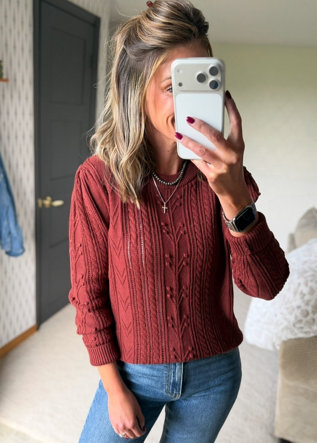 The prettiest detail on this new Walmart sweater. Only $19.98!!
Wearing small
Jeans/6

#LTKSeasonal #LTKOver40