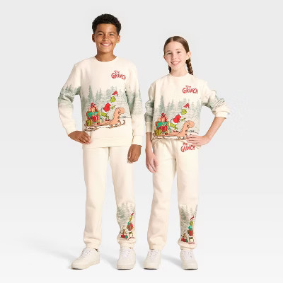 Kids' Dr. Seuss The Grinch Fleece Sweatpants - Cream | Target