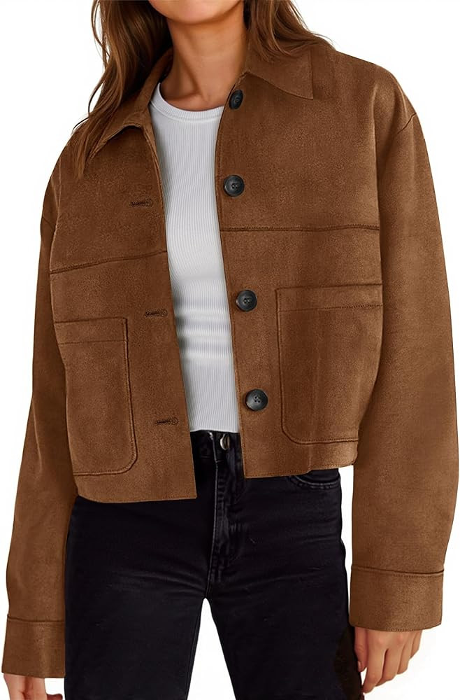 Tankaneo Womens Cropped Faux Suede Leather Jackets Lapel Collar Button Down Short Coats Fall Wint... | Amazon (US)