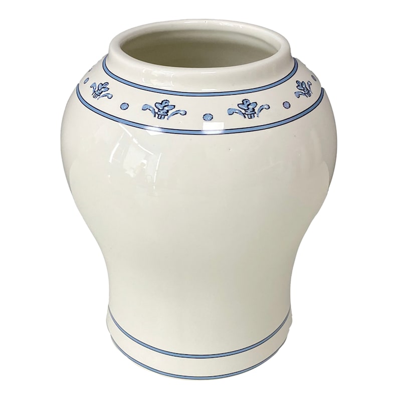 White Ceramic Vase with Blue Printed Boarder, 8" | At Home