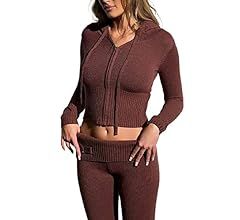 Biivrii Women Ribbed Knit 2 Piece Outfits Long Sleeve Zipper-Up Slim Fit Hooded Crop Tops High Wa... | Amazon (US)