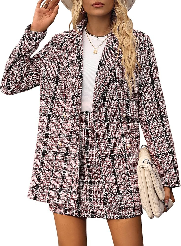SweatyRocks Women's Business Suit 2 Pieces Tweed Blazer Jacket Coat and Skirt Set | Amazon (US)