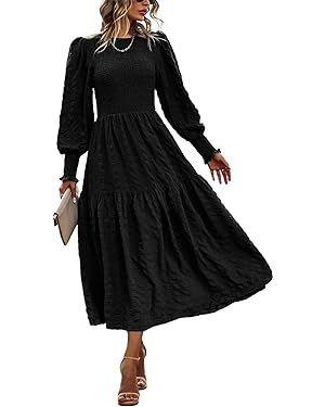 PRETTYGARDEN Women 2024 Puff Long Sleeve Crewneck Smocked Maxi Dress Solid Empire Waist Tiered A-... | Amazon (US)