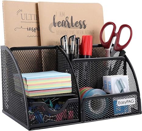 EasyPAG Mesh Desk Organizer Caddy with 6 Compartments and 1 Sliding Drawer Desktop Accessories Of... | Amazon (US)