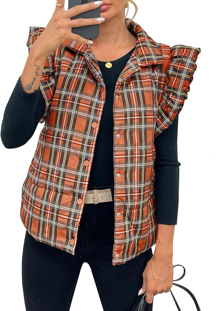 Tankaneo Womens Plaid Puffer Vests Ruffle Sleeveless Lightweight Quilted Vest Fall Winter Padded ... | Amazon (US)