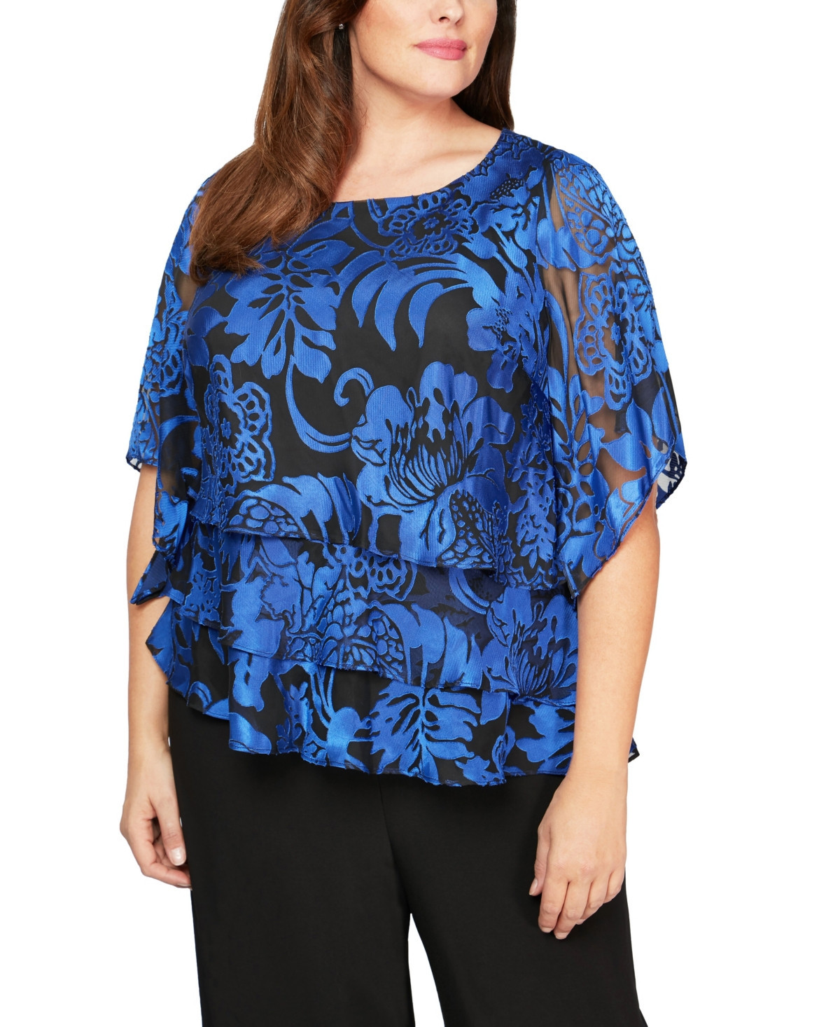 Alex Evenings Plus Size Printed Tiered Top - Royal Blue/Black | Macy's