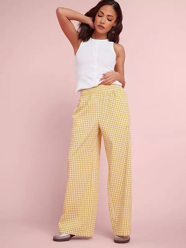 PixieGirl Petite Gingham Shirred Waist Wide Leg Trousers - Yellow | Very (UK)