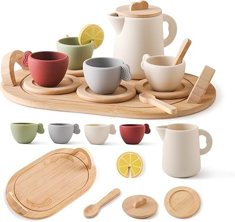 Youuys Wooden Tea Party Set for Toddler 3-5,Kids Tea Sets for Little Girls 4-6, 14pcs Silicone Ki... | Amazon (US)