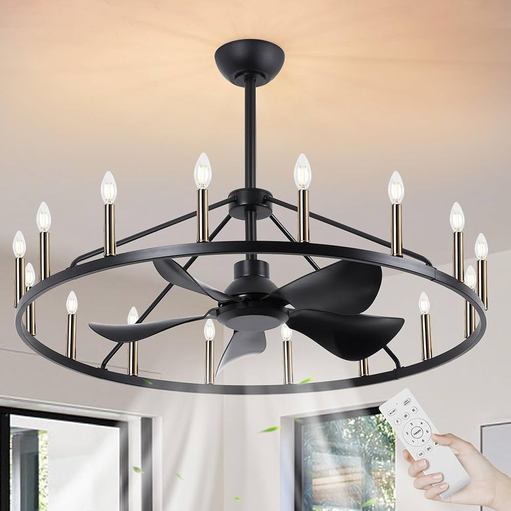 She's home 43" Black Wagon Wheel Chandelier Ceiling Fan with Lights, 16-Lights Large Round Candle... | Amazon (US)
