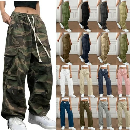 GSPCLAM Cargo Pants for Women Plus Size High Waisted Camo Pants Straight-Leg Drawstring Y2K Casual Streetwear with 6-Pockets | Walmart (US)