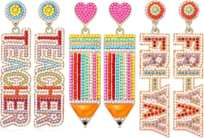 2/3 Pairs Pencil Earrings Teacher Earrings for Women Rhinestone Beaded Dangle Drop Earrings Color... | Amazon (US)