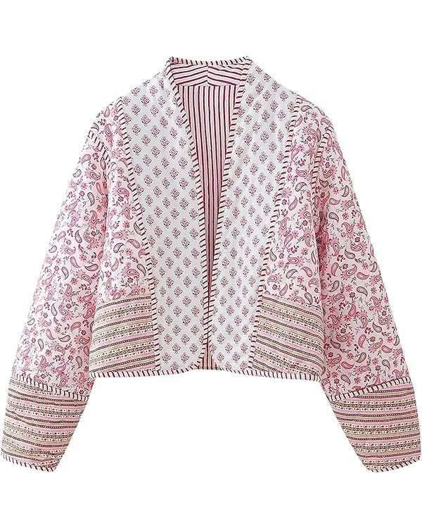 Yimoon Women's Cropped Puffer Quilted Jacket Vintage Floral Print Open Front Lightweight Short Ja... | Amazon (US)