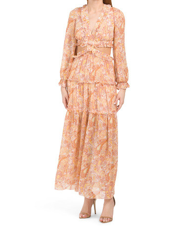 Long Sleeve Deep V-neck Ruffle Maxi Dress | TJ Maxx