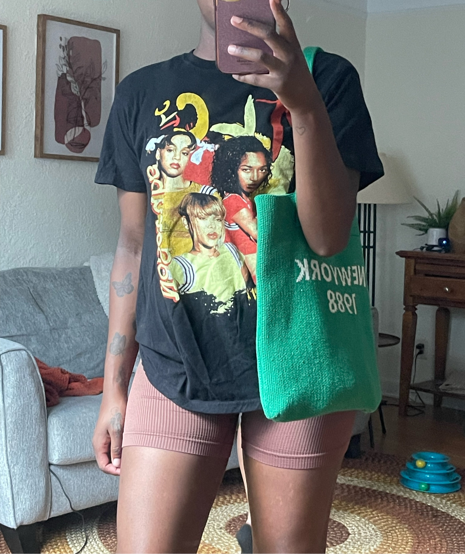Summer oufit , tlc , tote bag , graphic tee, biker shorts , casual 

#LTKFind