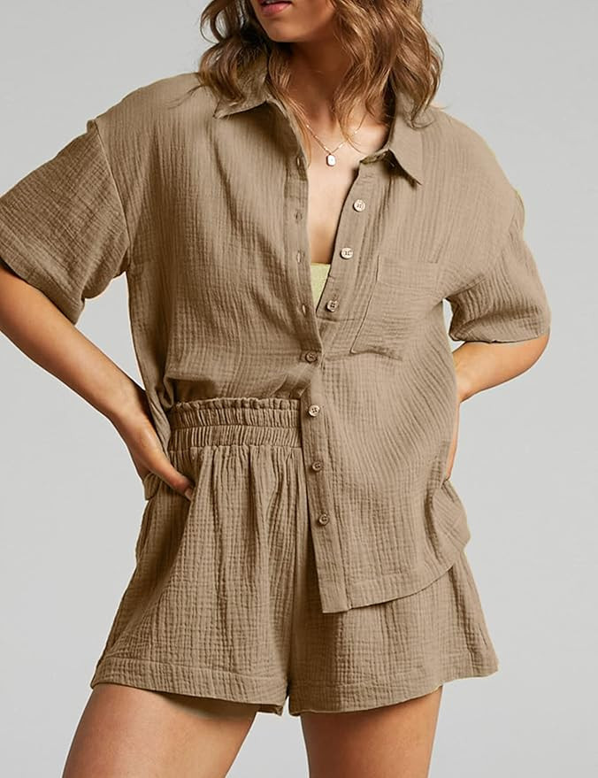 Women's 2 Piece Outfits Track Suits Matching Sets Loungewear for Vacation Button Down Shirt and S... | Amazon (US)