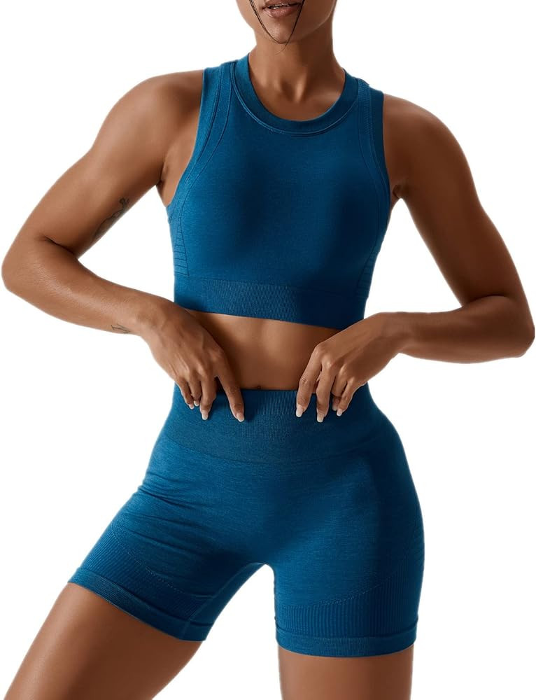 ABOCIW Workout Sets for Women 2 Piece Seamless Ribbed Tank Top Sport Bra High Waist Biker Shorts ... | Amazon (US)