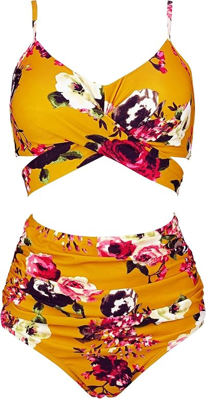 COCOSHIP Women's Ruching High Waist Bikini Set Cross Wrap Push Up Top Tie Back Bathing Swimsuit(FBA) | Amazon (US)