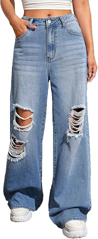 SweatyRocks Women's Casual Loose Ripped Denim Pants Distressed Wide Leg Jeans | Amazon (US)