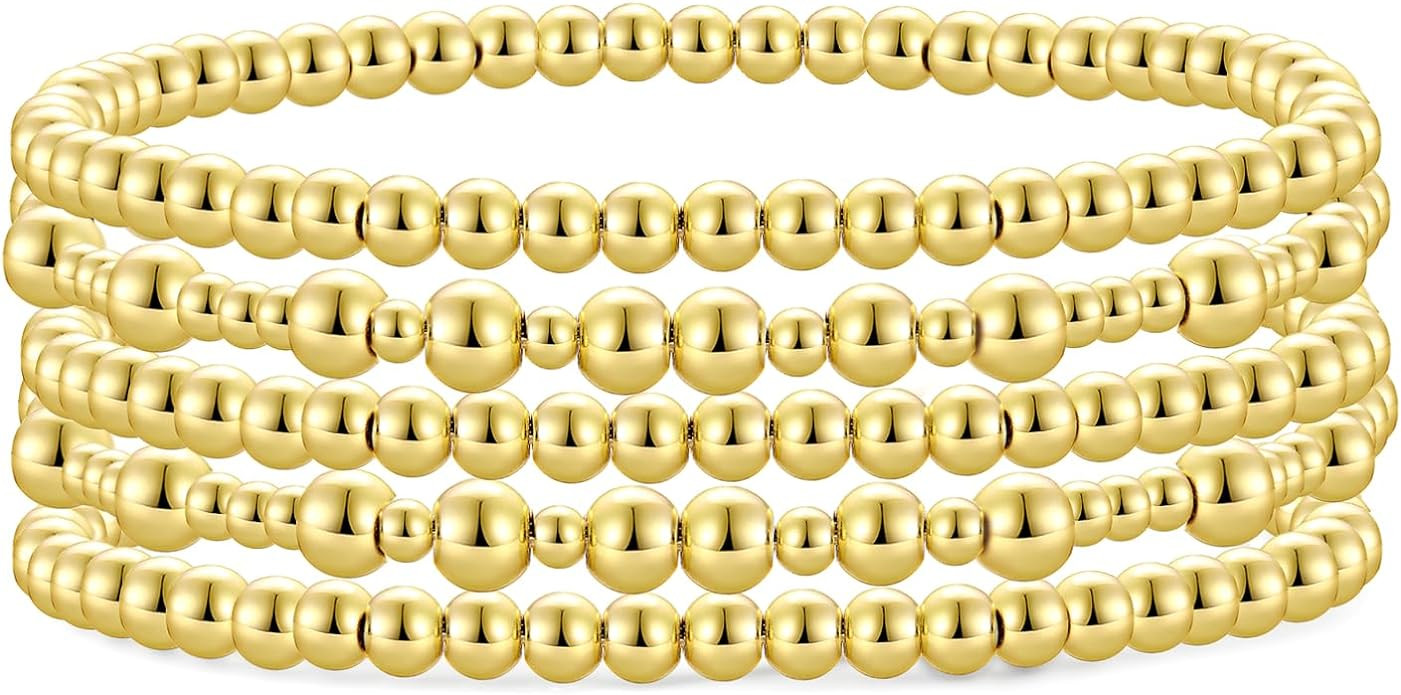 Badu Gold Plate Bead Bracelet for Women 14K Gold Plated Bead Ball Bracelet Stretchable Elastic Hy... | Amazon (US)