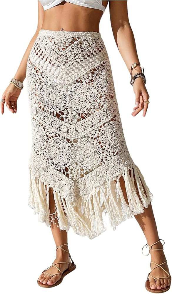 GORGLITTER Women's Crochet Beach Skirt Hollow Out Fringe High Waisted Bathing Suit Cover Up | Amazon (US)