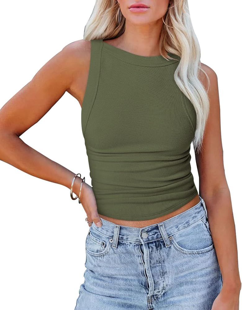 Women's Ribbed Tank Tops Summer Sexy Sleeveless Backless Crop Tank Tops Slim Fit Solid Party Work... | Amazon (US)