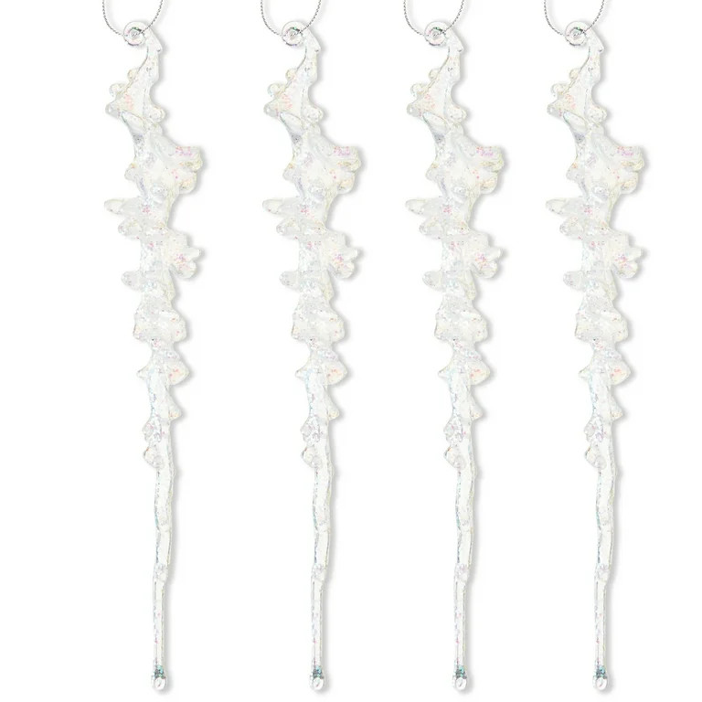 4 Count Clear Iridescent Glitter Icicle Christmas Ornaments, 10", by Holiday Time | Walmart (US)