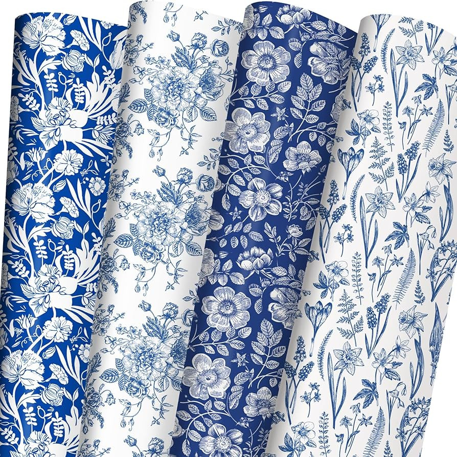 ZINTBIAL Blue White Floral Wrapping Paper for Women, Girls - Gift Wrap With Flowers and Plants fo... | Amazon (US)