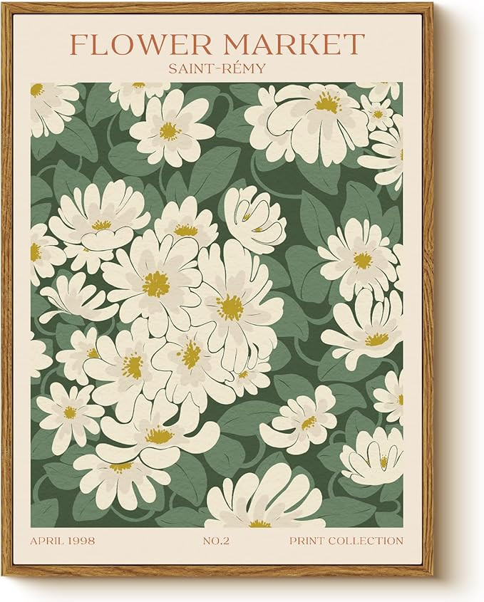 Vintage Framed Daisy Flower Market Wall Art 12x16, Boho Green Botanical Canvas Print White Floral... | Amazon (US)