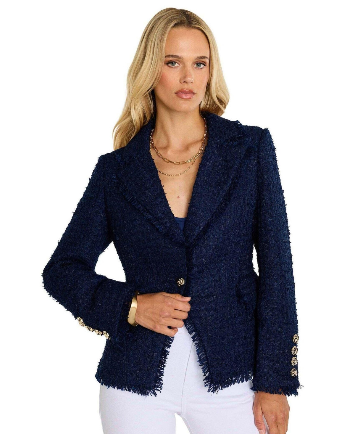 The Noli Shop Women's Giselle Single Breasted Tweed Blazer - Navy | Macy's